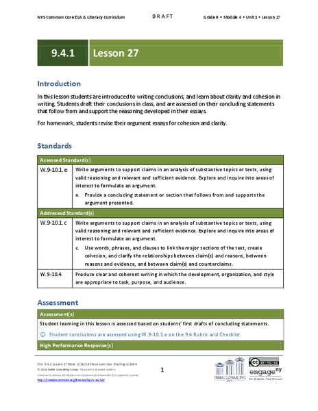 Grade 9 ELA Module 4, Unit 1, Lesson 27 Lesson Plan