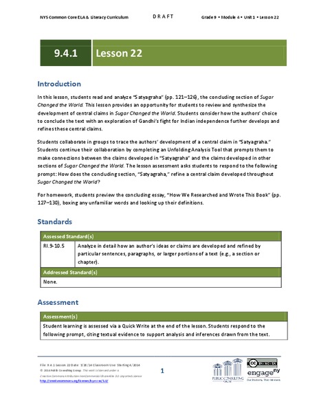 Grade 9 ELA Module 4, Unit 1, Lesson 22 Lesson Plan