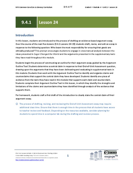 Grade 9 ELA Module 4, Unit 1, Lesson 24 Lesson Plan
