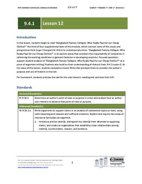 Grade 9 ELA Module 4, Unit 1, Lesson 12 Lesson Plan