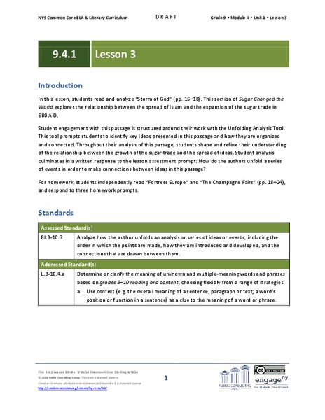 Grade 9 ELA Module 4, Unit 1, Lesson 3 Lesson Plan