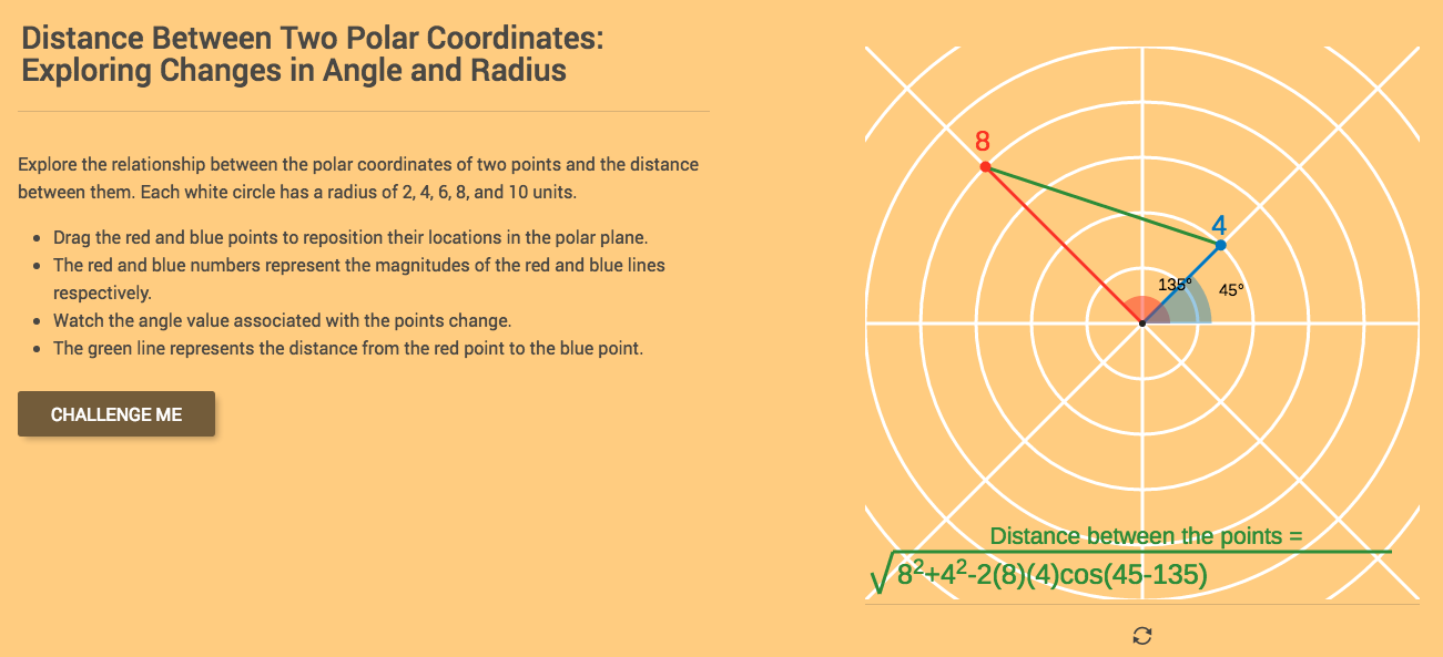 Distance Between Two Polar Coordinates: Exploring Changes in Angle and Radius Interactive