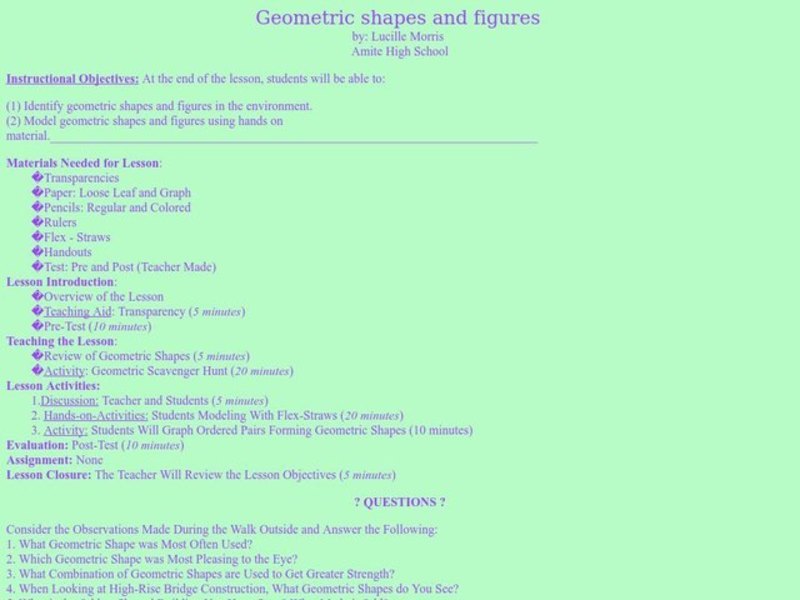 Geometric Shapes And Figures Lesson Plan