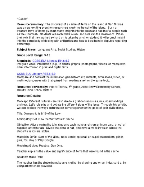 Cache: Lesson Plan 1 - Grades 9-12 Lesson Plan