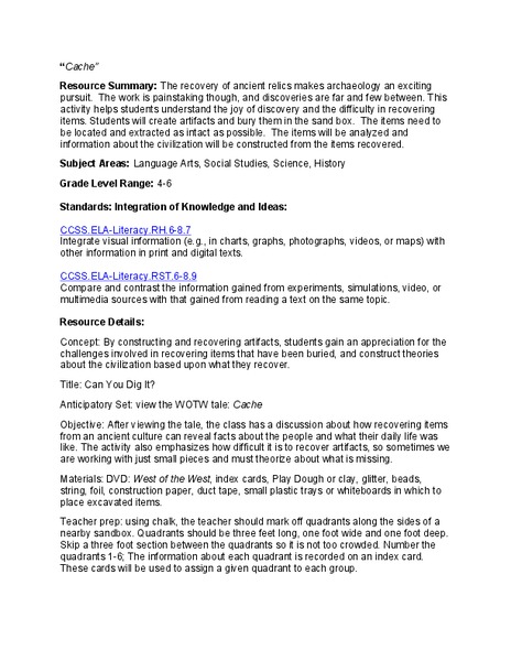 Cache: Lesson Plan 2 - Grades 4-6 Lesson Plan