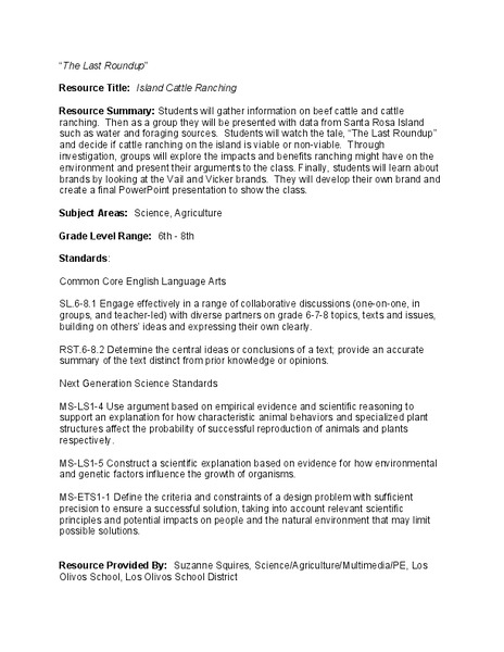 Island Cattle Ranching Lesson Plan
