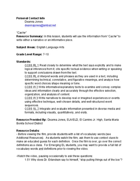 Cache: Lesson Plan 4 - Grades 4-5 Lesson Plan