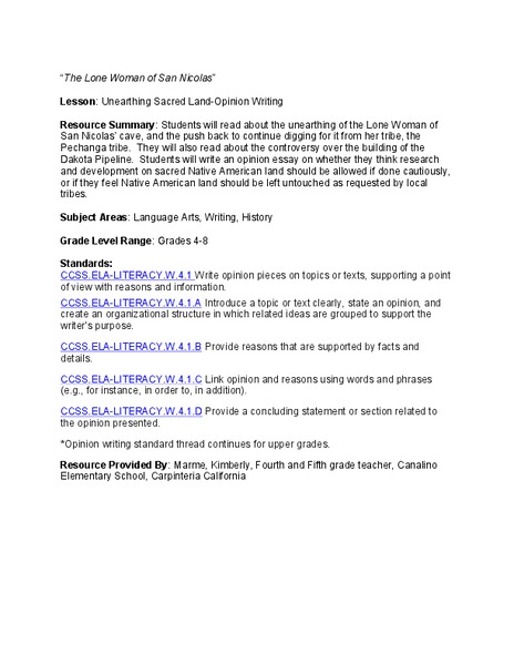 Lone Woman of San Nicolas Island: Lesson Plan 3 Lesson Plan
