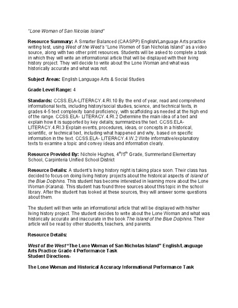 Lone Woman of San Nicolas Island: Lesson Plan 1 Lesson Plan