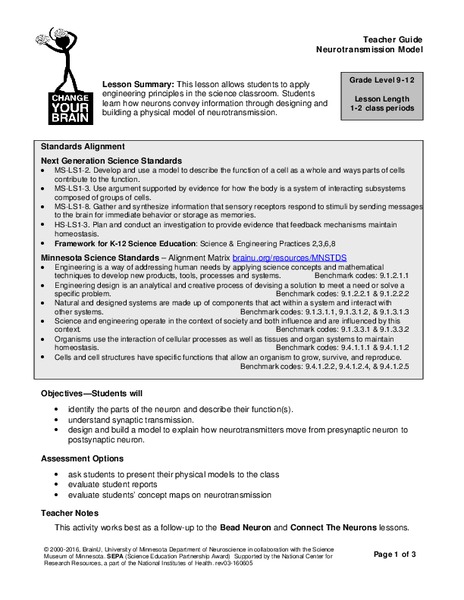 Neurotransmission Model Lesson Plan