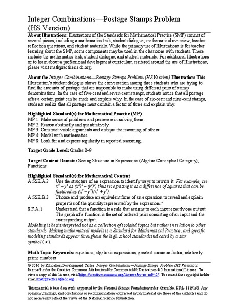 Integer Combinations—Postage Stamps Problem (HS Version) Activity