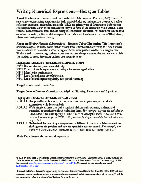Writing Numerical Expressions—Hexagon Tables Activity