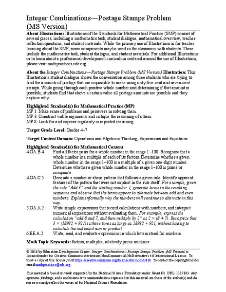 Integer Combinations—Postage Stamps Problem (MS Version) Activity