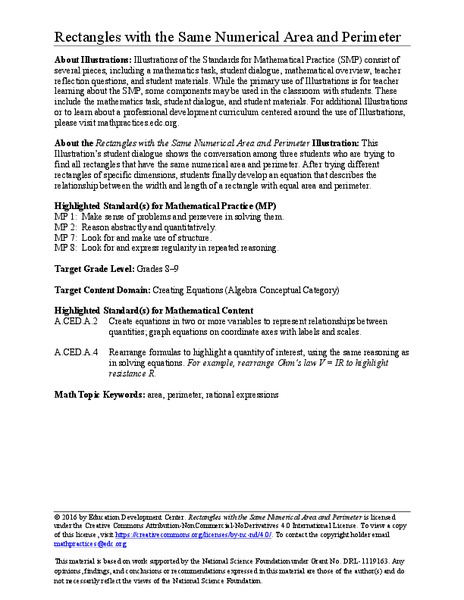 Rectangles with the Same Numerical Area and Perimeter Activity
