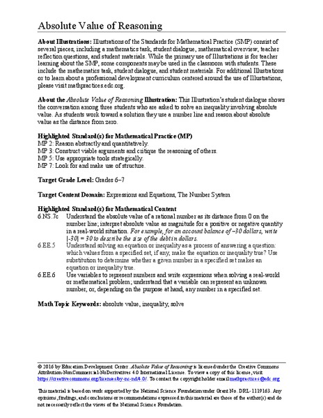 Absolute Value Reasoning Activity