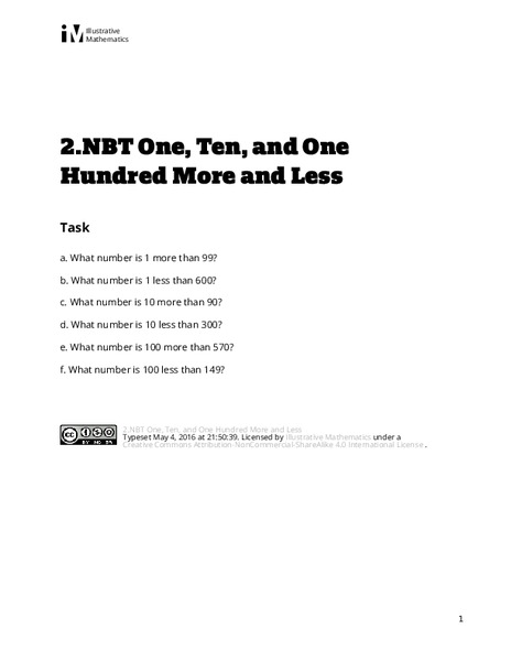 One, Ten, and One Hundred More and Less Assessment