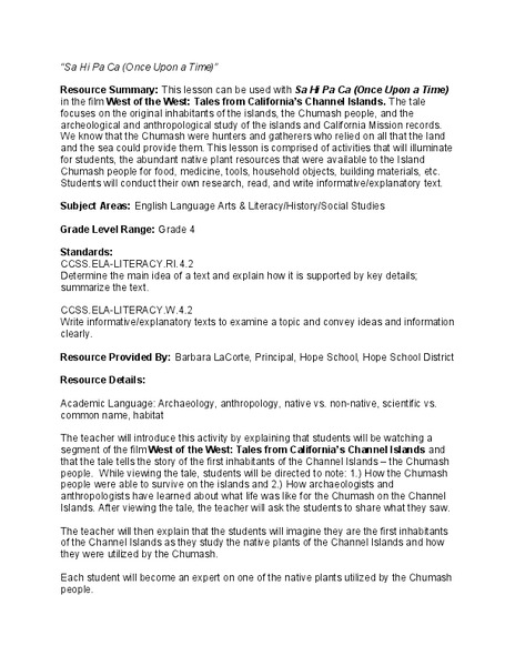 Sa Hi Pa Ca (Once Upon a Time): Lesson Plan 2 Lesson Plan