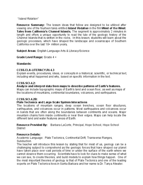 Island Rotation: Lesson Plan 1 Lesson Plan