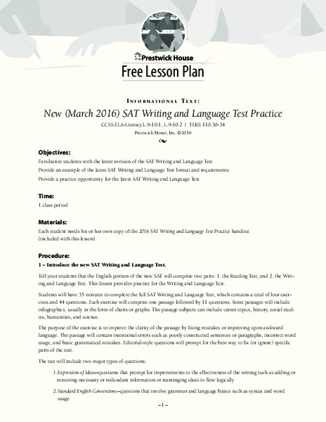 New (March 2016) SAT Writing and Language Test Practice Lesson Plan