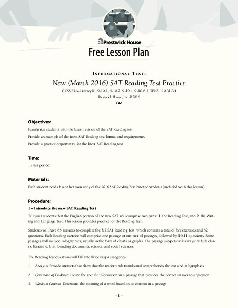New (March 2016) SAT Reading Test Practice Lesson Plan