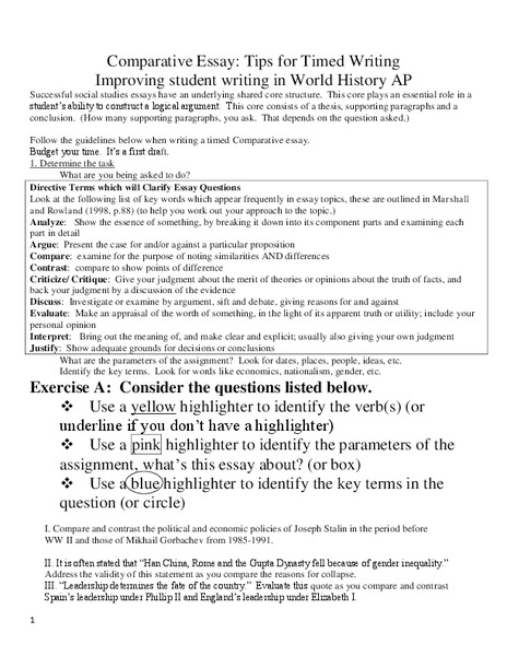 Comparative Essay: Tips for Timed Writing Handout