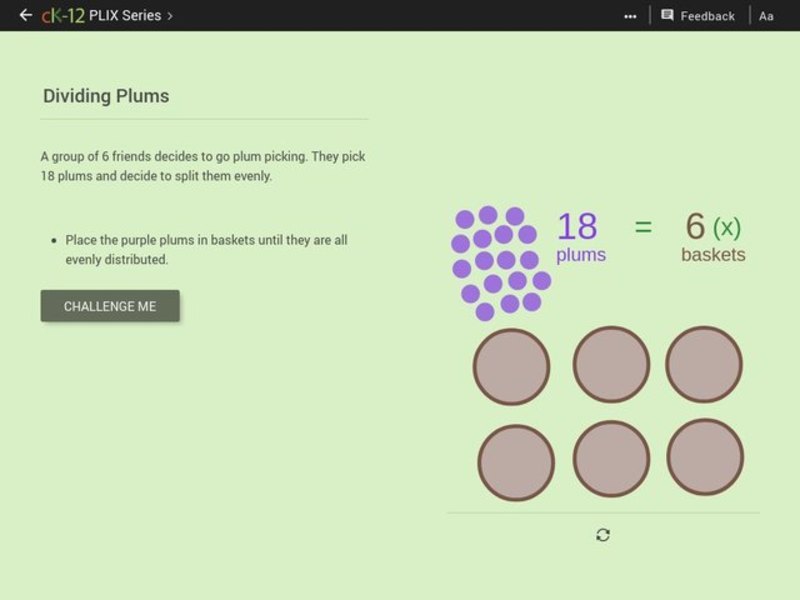One-Step Equations Transformed by Multiplication/Division: Dividing Plums Interactive