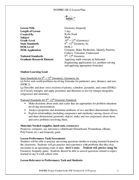 Geometry Jeopardy Lesson Plan