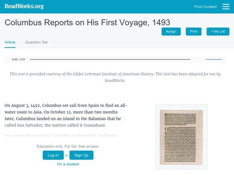 Columbus Reports on His First Voyage, 1493 Worksheet