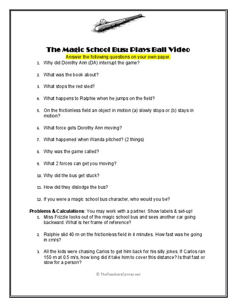 The Magic School Bus: Plays Ball Video Worksheet