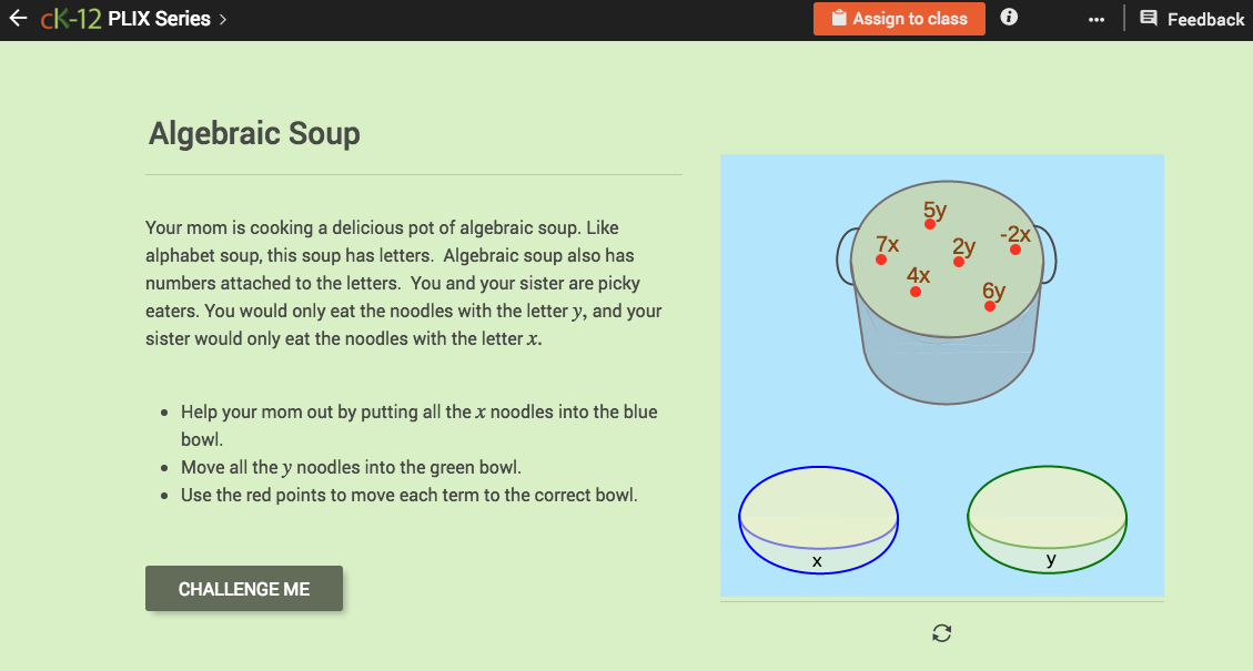 Sums and Differences of Single Variable Expressions: Algebraic Soup Interactive