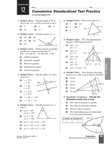 Geometry Standardized Test Practice Worksheet