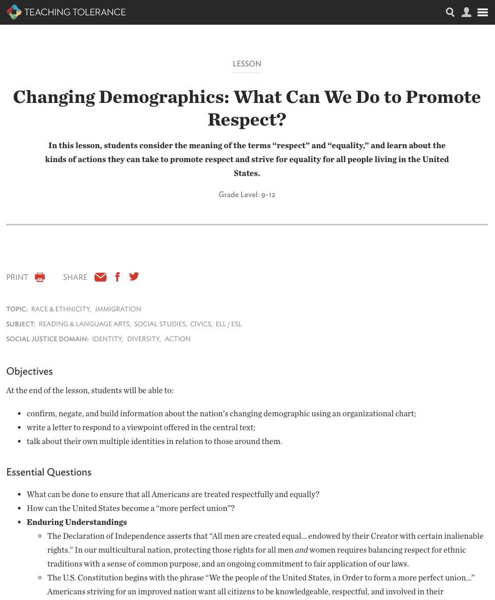 Changing Demographics: What Can We Do to Promote Respect? Lesson Plan