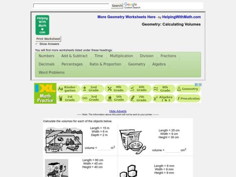 Geometry: Calculating Volumes Worksheet