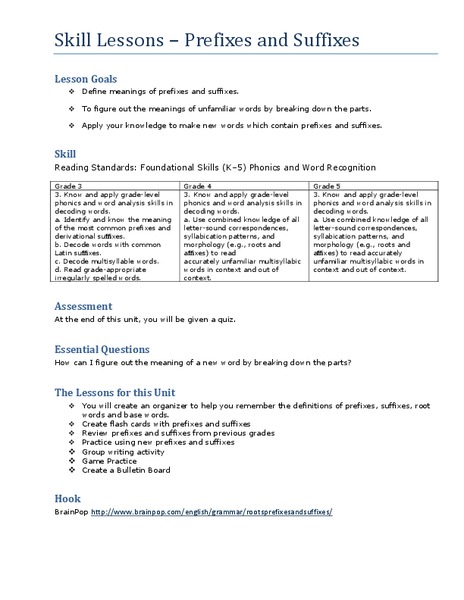 Skill Lessons – Prefixes and Suffixes Lesson Plan