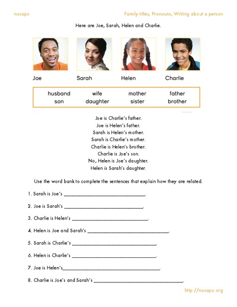 Family Titles, Pronouns, Writing about a Person Handout