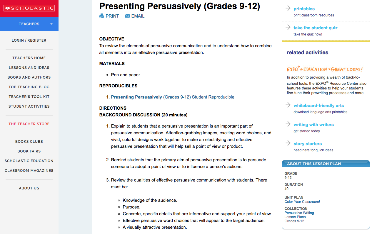 Presenting Persuasively (Grades 9-12) Lesson Plan