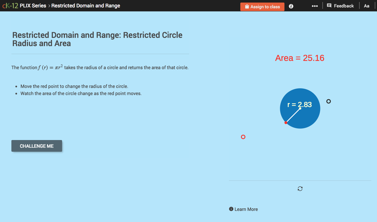 Restricted Domain and Range: Restricted Circle Radius and Area Interactive