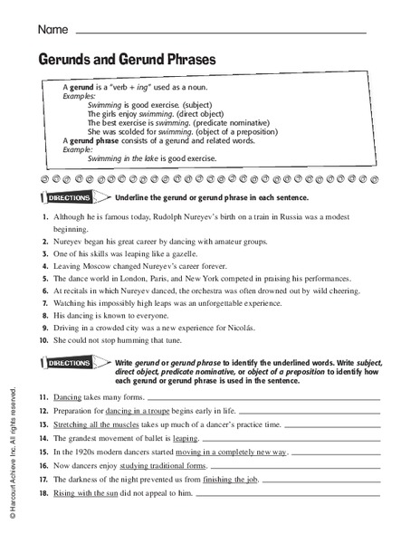Gerunds and Gerund Phrases Worksheet