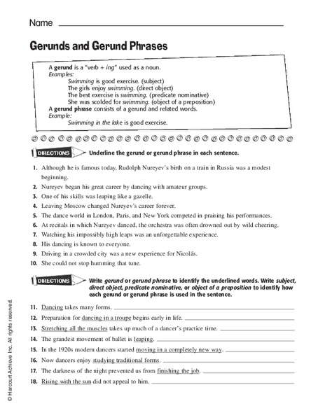 Gerunds and Gerund Phrases Worksheet