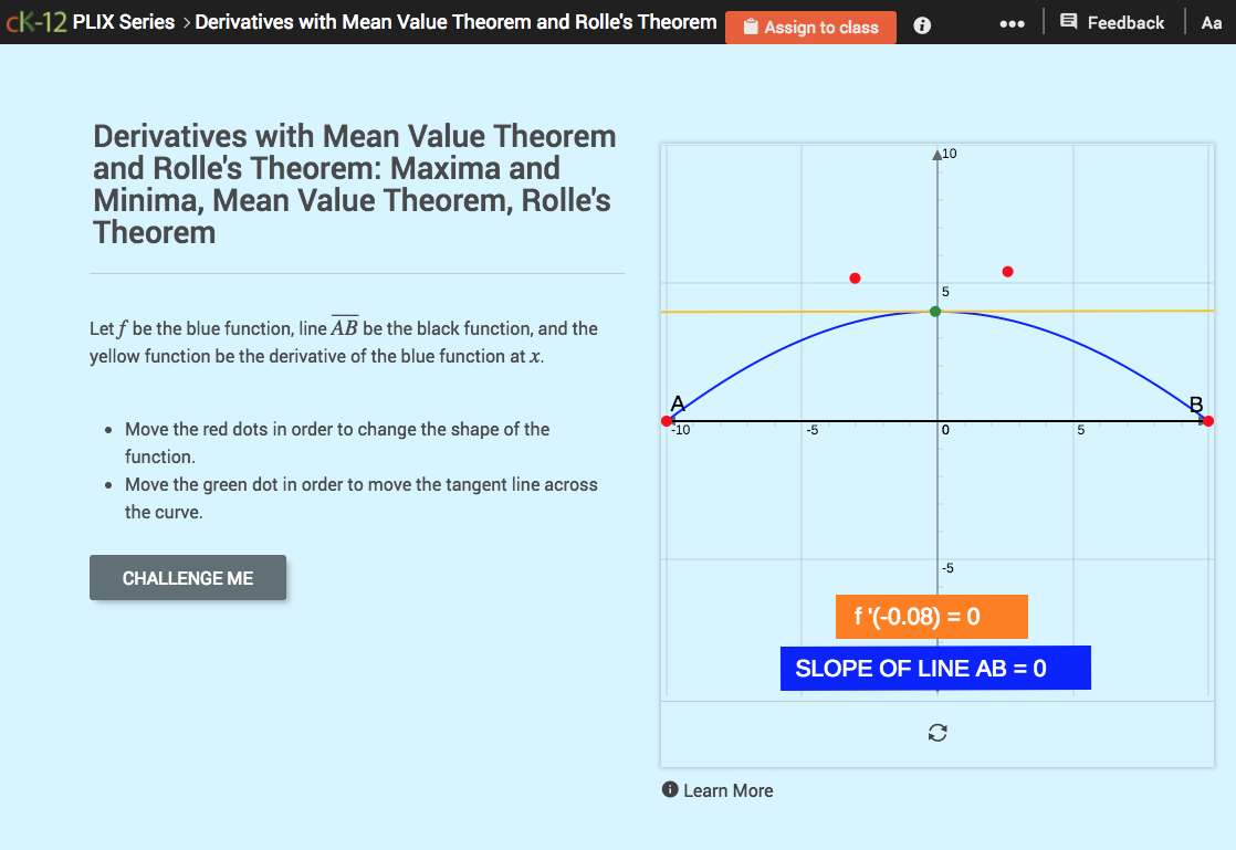 Derivatives with Mean Value Theorem and Rolle's Theorem: Maxima and Minima Interactive