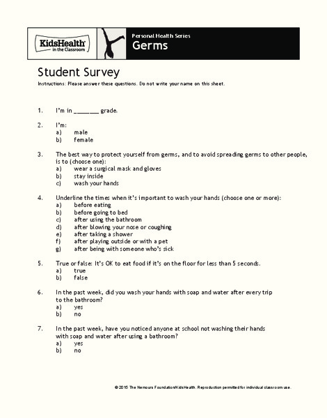 Handout: Germs (Grades 6 to 8) Worksheet