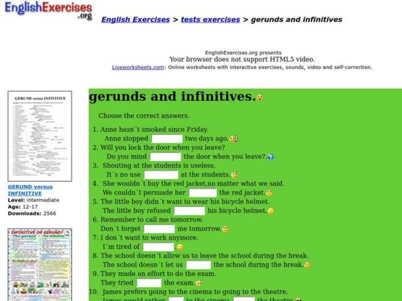 Gerunds and Infinitives Interactive