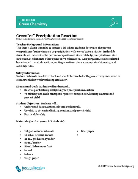 Green"er" Precipitation Reaction Lesson Plan