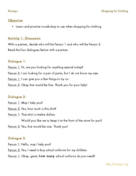 Shopping for Clothing Worksheet