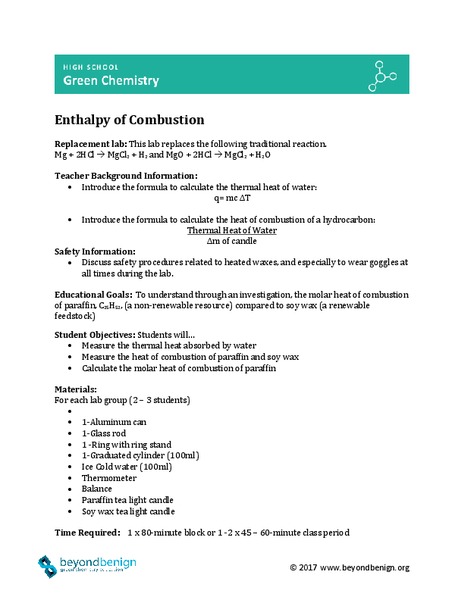 Enthalpy of Combustion Lesson Plan