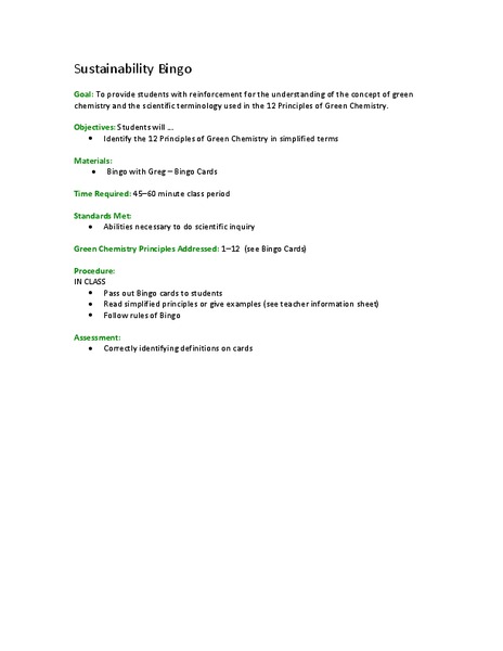 Sustainability Bingo Lesson Plan