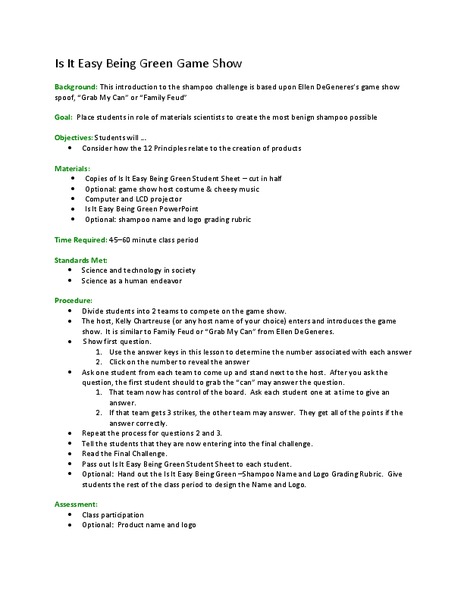 Is It Easy Being Green Game Show Lesson Plan