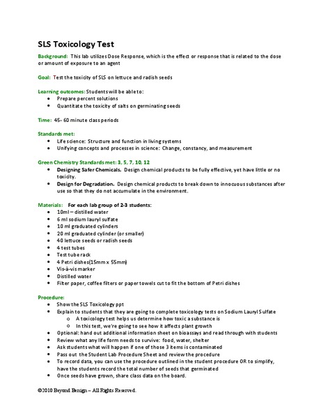 SLS Toxicology Test Lesson Plan