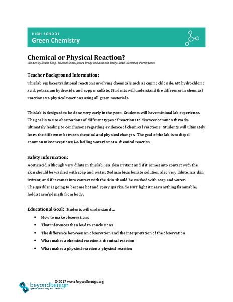 Chemical or Physical Reaction? Lesson Plan