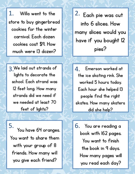 Winter Multiplication and Division Problem Solving Task Cards Organizer